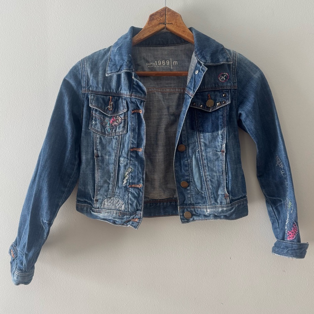 Gap Kids 1969 Denim Embroidered Boho Guitar Button Jean Jacket | Sz M, retro